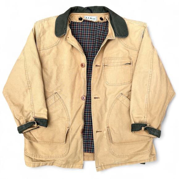 Vintage LL Bean Barn Coat Chore Jacket Plaid Flannel Liner Tan L Hunt Heritage - Picture 1 of 16